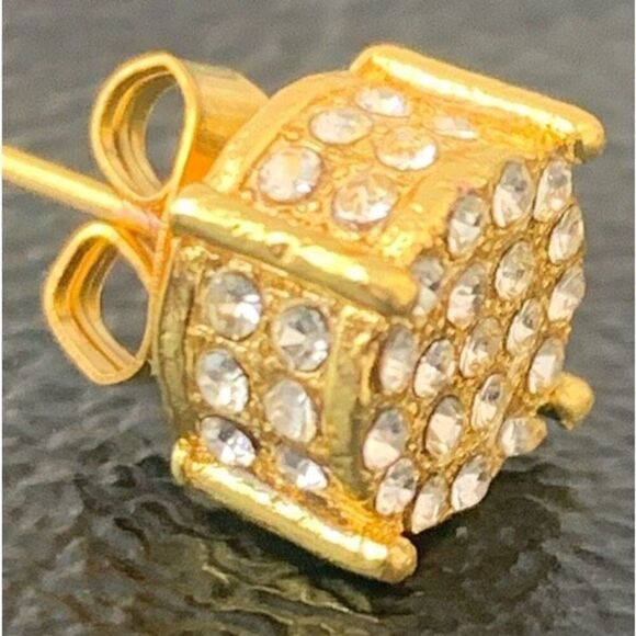 14k Gold Plated Cube CZ Earrings – Iced Out 3D Design - Picture 4 of 10